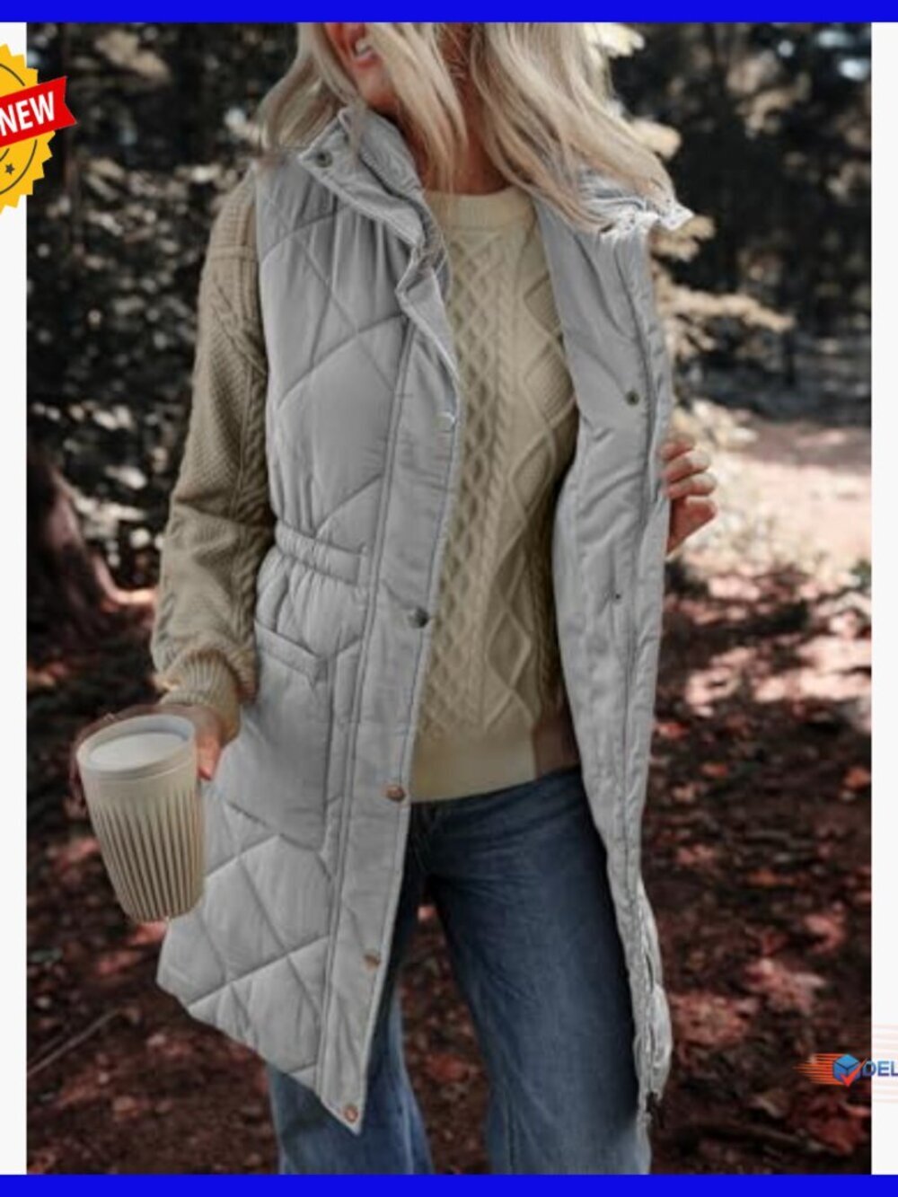 Long Puffer Vest Stand Collar Sleeveless Winter Coat with Pockets - Picture 2 of 7